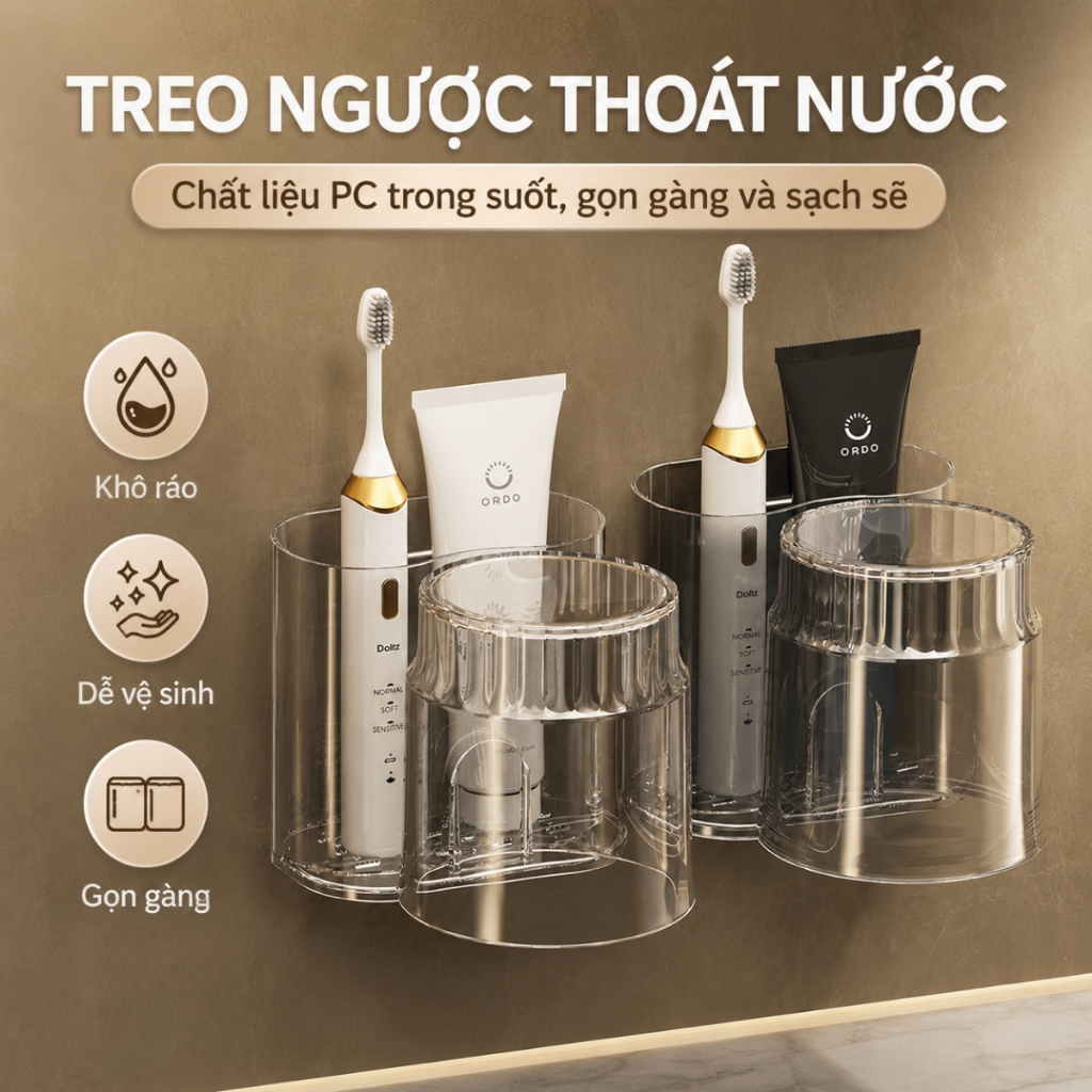 Giá Đựng Bàn Chải Đánh Răng Dán Tường, Kệ Đựng Kem Đánh Răng Nhà Tắm Trong Suốt, Không Cần Khoan, Thoát Nước Nhanh