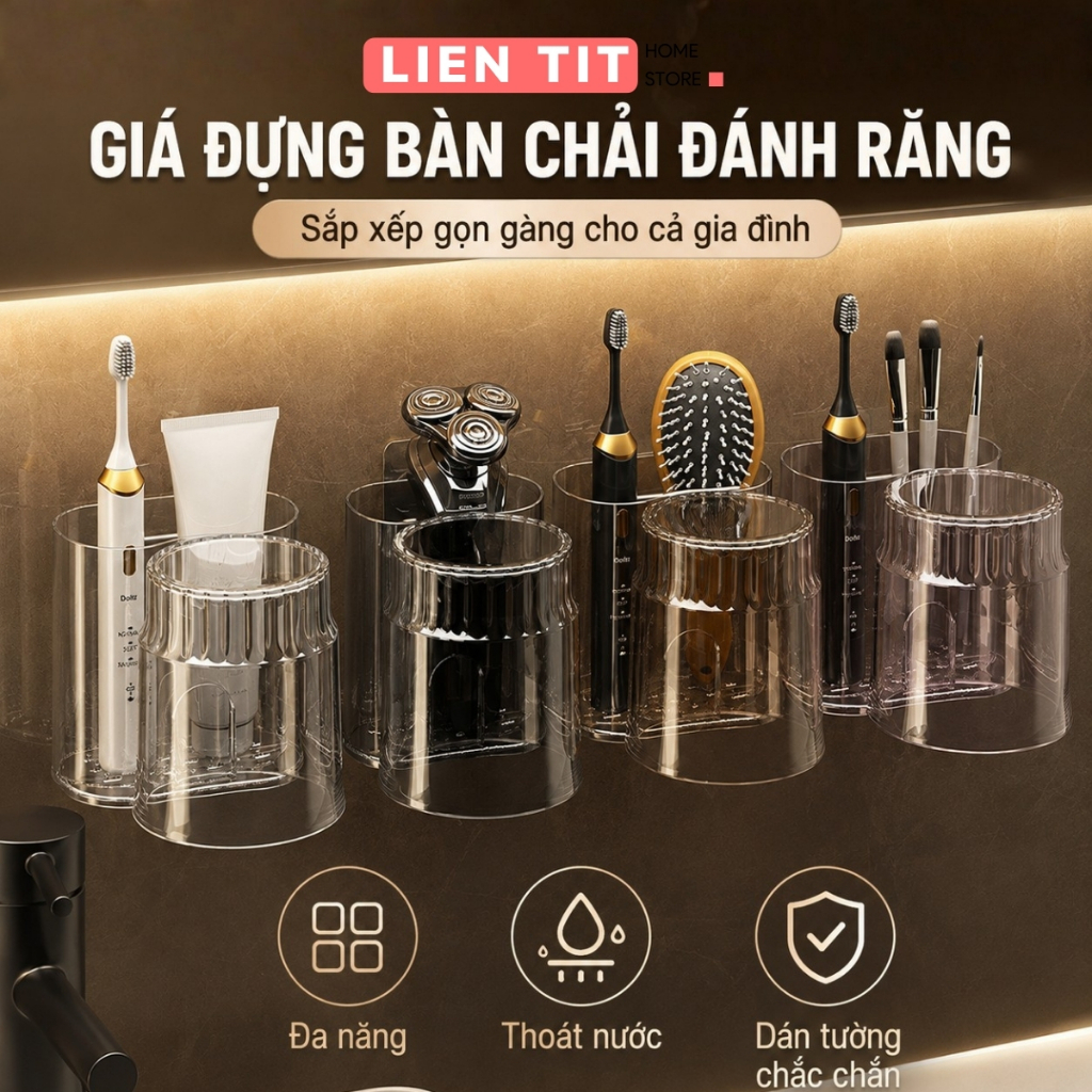 Giá Đựng Bàn Chải Đánh Răng Dán Tường, Kệ Đựng Kem Đánh Răng Nhà Tắm Trong Suốt, Không Cần Khoan, Thoát Nước Nhanh