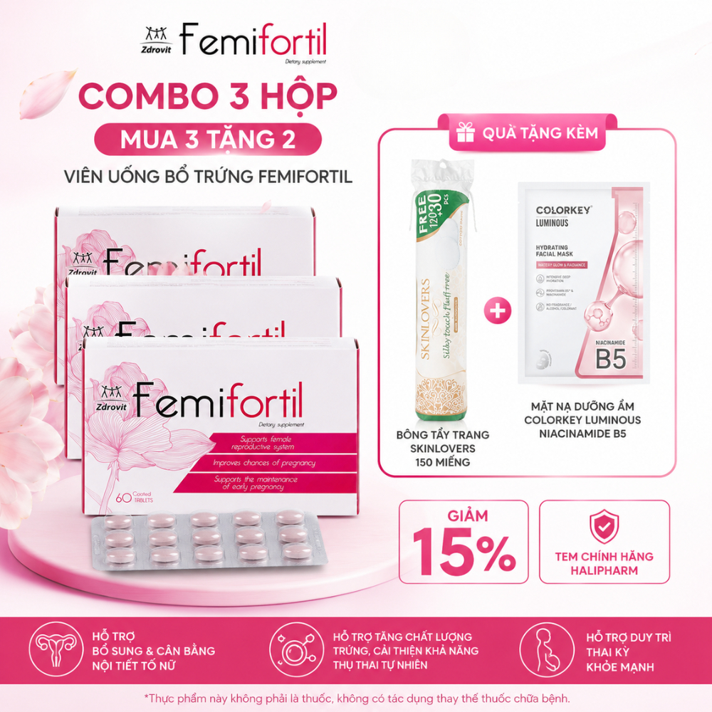 [CÓ VAT] Combo 3 Viên uống FEMIFORTIL Liệu trình 3 tháng Bổ Trứng, Tăng Khả Năng Thụ Thai Hộp 60Viên