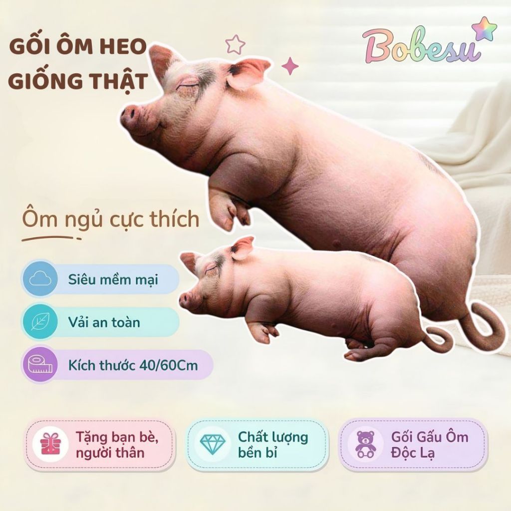 Gối Gấu Bông Hình Heo 3D Giống Thật, Gối Ôm Heo,Lợn Sề Xấu Xí Quà Tặng Troll Bạn Bè,Người Thân
