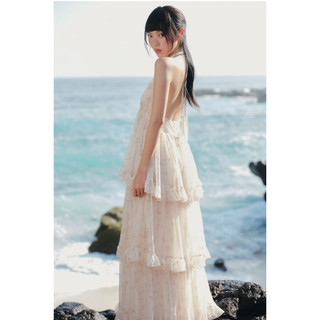 Váy maxi OLV hoa nhí cổ yếm Ivory Fleur Chiffon Halter Tiered Maxi Dress phù hợp mùa hè đi chơi biển