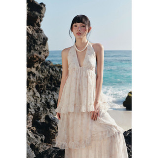 Váy maxi OLV hoa nhí cổ yếm Ivory Fleur Chiffon Halter Tiered Maxi Dress phù hợp mùa hè đi chơi biển