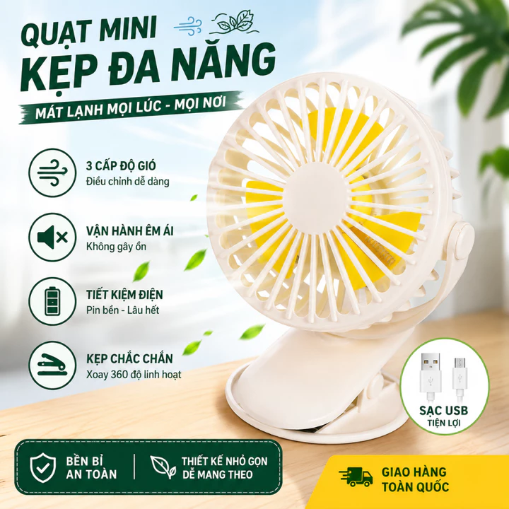 Quạt sạc mini để bàn/ kẹp nôi Xoay 360 độ Đế kẹp đa năng Quạt mini quạt tích điện - Quạt Làm Mát Mini Có Kẹp Sạc USB