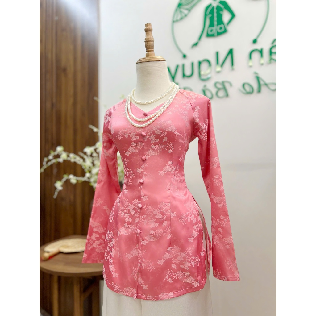 B.A206 - Áo Bà Ba GấM Tơ DệT HoA Lá TrúC Cổ TiM Nút Nụ BọC DâY KéO TaY Dài (QUẦN LỤA)