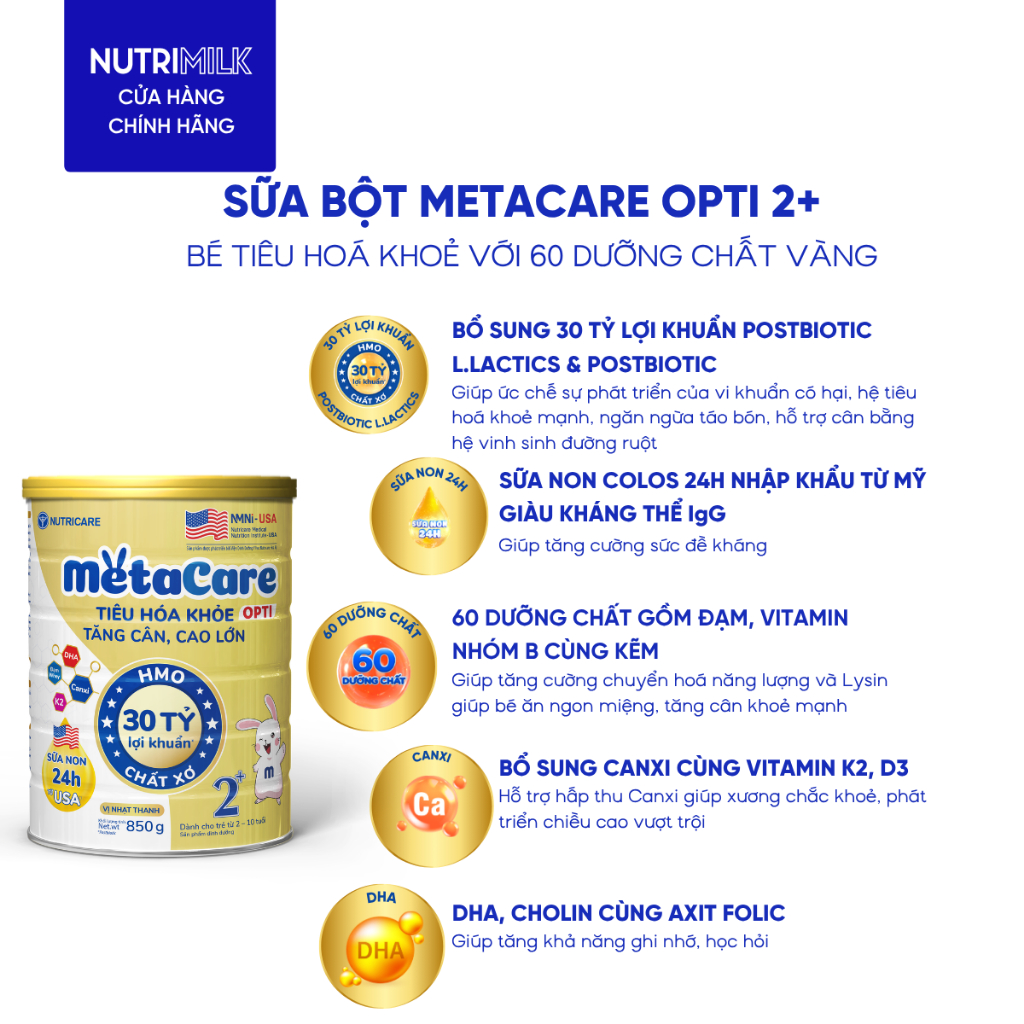 Sữa Bột METACARE OPTI Nutricare Vị Thanh Nhạt Tiêu Hoá Khoẻ Tăng Cân Cao Lớn Dinh Dưỡng Cho Bé Từ 0-10 Tuổi Lon 850G
