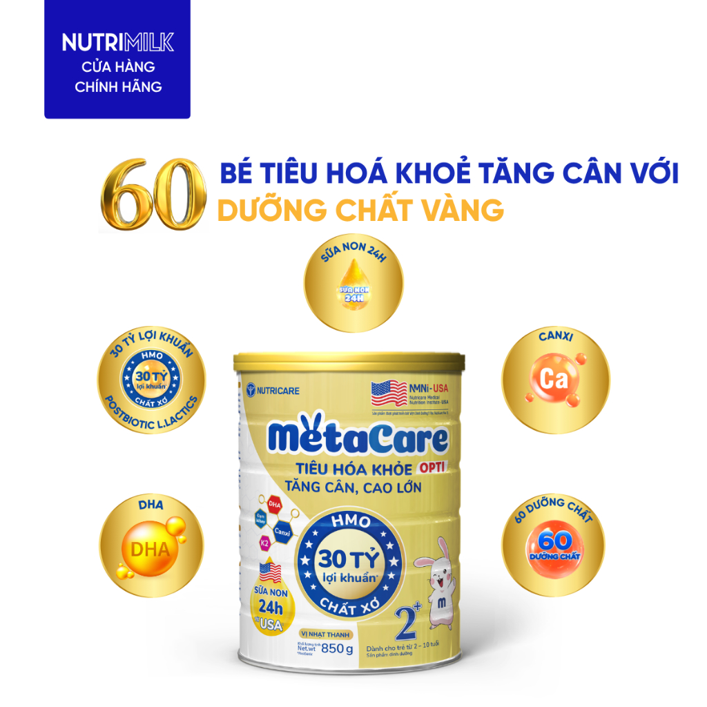 Sữa Bột METACARE OPTI Nutricare Vị Thanh Nhạt Tiêu Hoá Khoẻ Tăng Cân Cao Lớn Dinh Dưỡng Cho Bé Từ 0-10 Tuổi Lon 850G