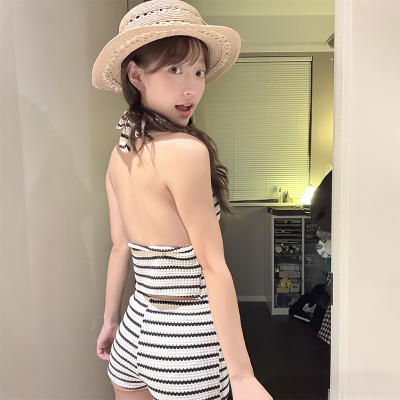 【dynamar】Bộ bikini in họa tiết sọc gợi cảm có đệm ngực, thiết kế viền bèo theo phong cách Y2K