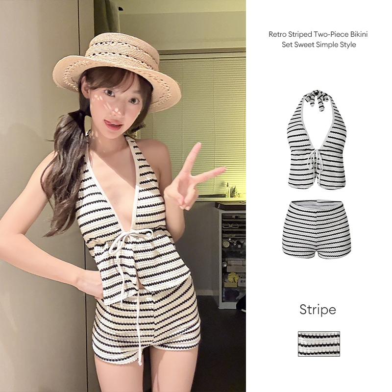 【dynamar】Bộ bikini in họa tiết sọc gợi cảm có đệm ngực, thiết kế viền bèo theo phong cách Y2K
