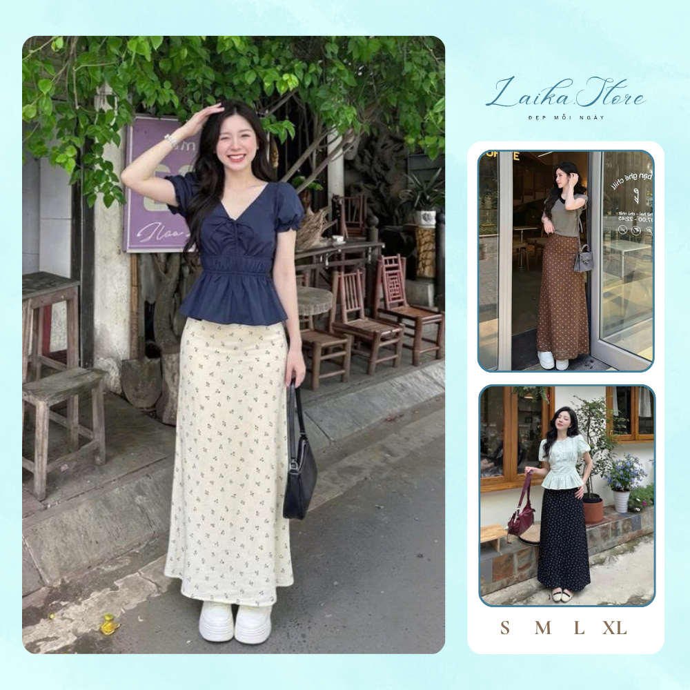Chân váy dài hoa nhí cạp cao 2 lớp dáng suông chất đũi mềm, váy maxi nữ khóa lưng thanh lịch dễ phối đồ - Laika Store