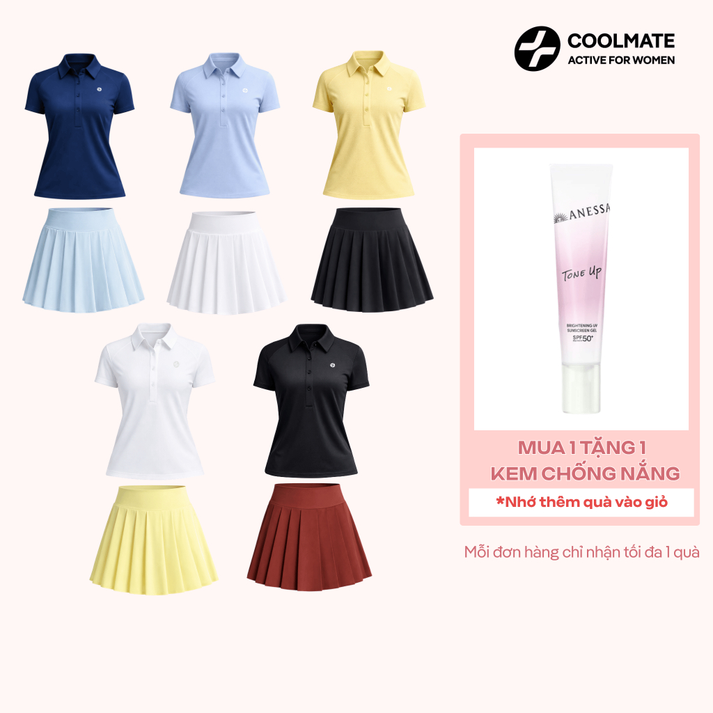 [TẶNG KCN ANESSA] Set Đồ Thể thao Coolmate nữ tập Pickleball Cầu lông Tennis Áo polo & Chân váy xếp ly bản to