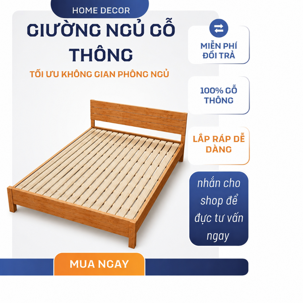 Giường Ngủ Gỗ Thông Tự Nhiên Home Decor Có Đầu Giường Cao 30cm Khung Chắc Chắn
