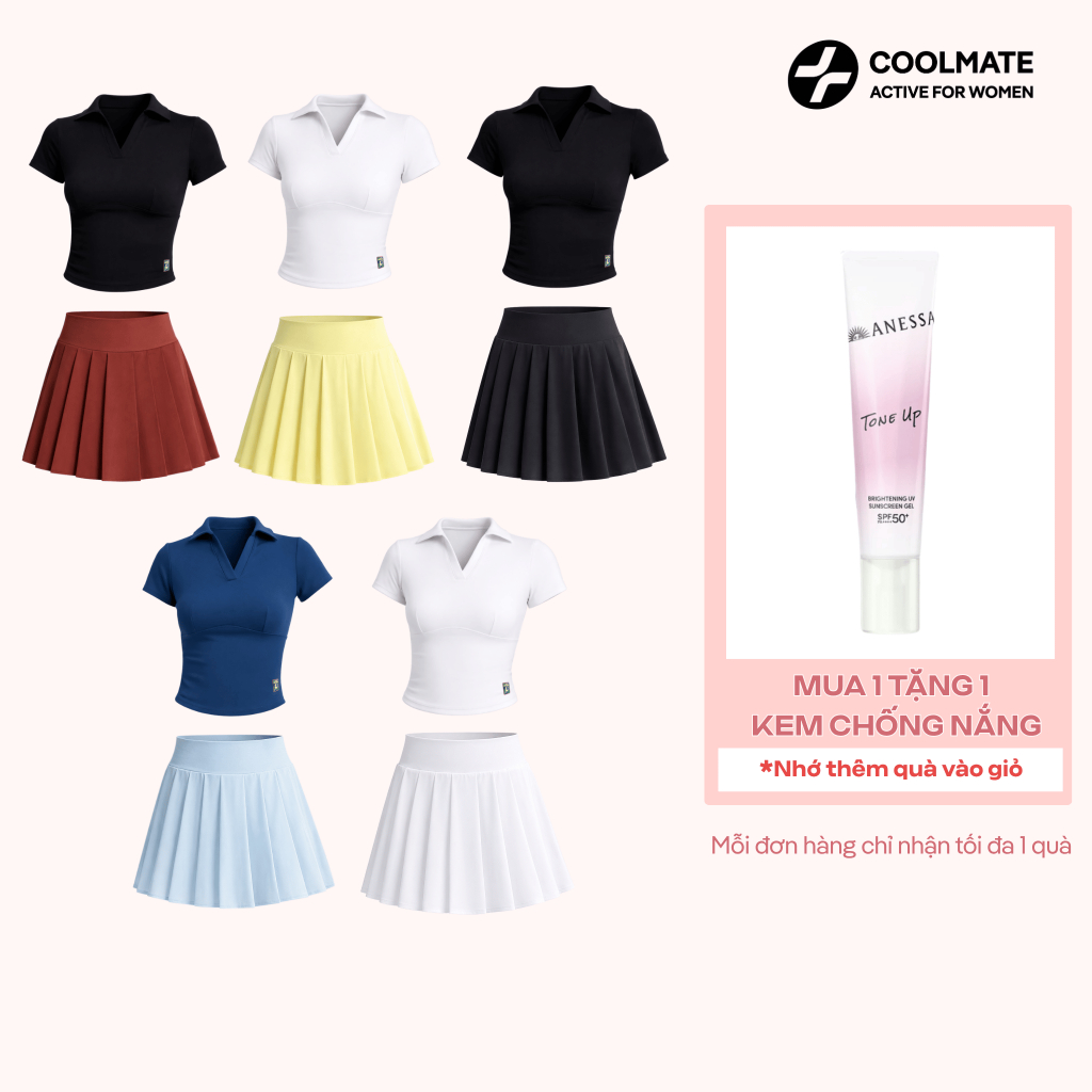 [TẶNG KCN ANESSA] Set Đồ Thể thao Coolmate nữ tập Pickleball cầu lông tennis Áo croptop polo & Chân váy xếp ly bản to