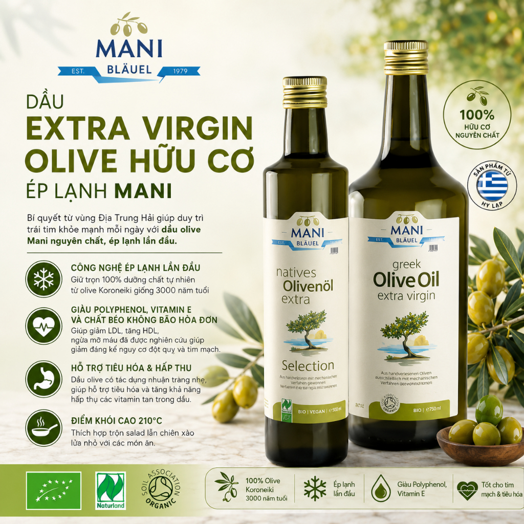 Dầu Olive Hy Lạp hữu cơ Mani Brand Organic Extra Virgin Olive Oil