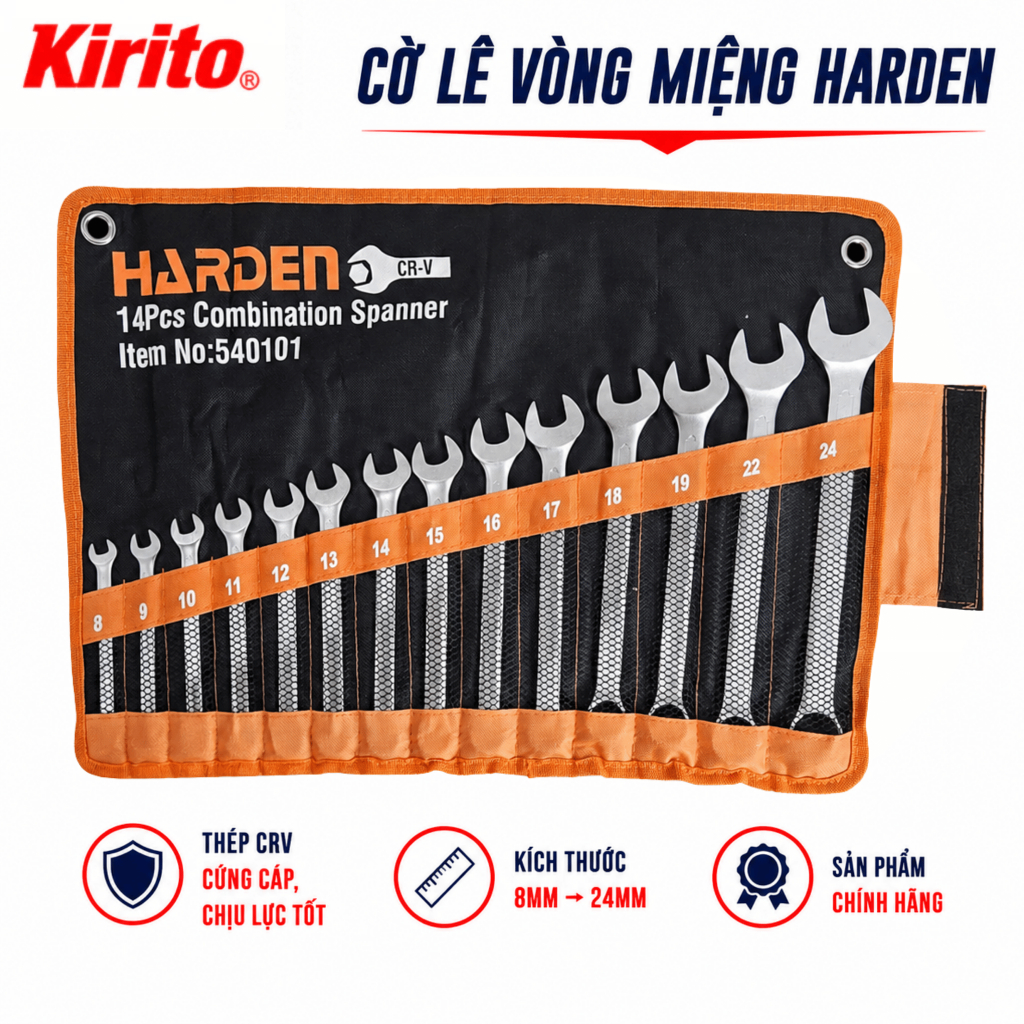 Bộ Cờ Lê Vòng Miệng Harden 14 Chi Tiết 8-24mm Thép CR-V Chính Hãng, Chịu Lực Cao 540101 HARDEN