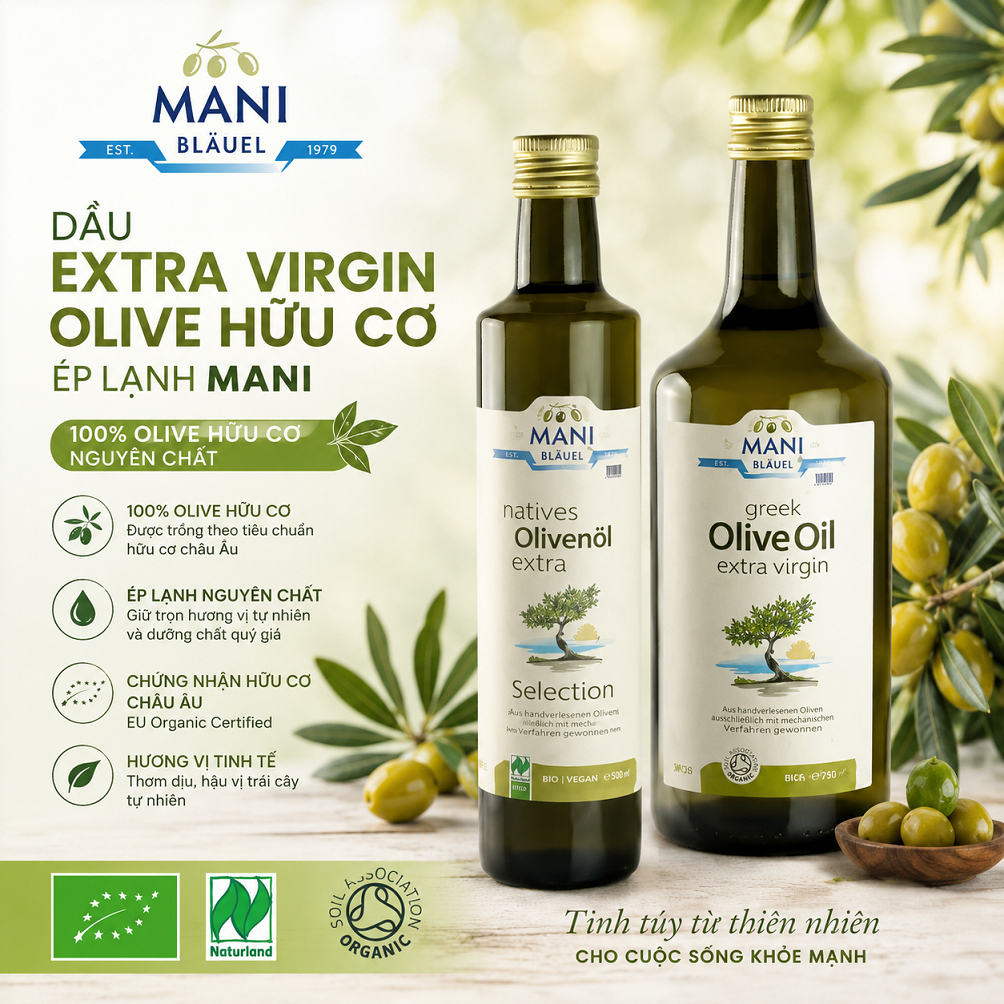 Dầu Olive Hy Lạp hữu cơ Mani Brand Organic Extra Virgin Olive Oil
