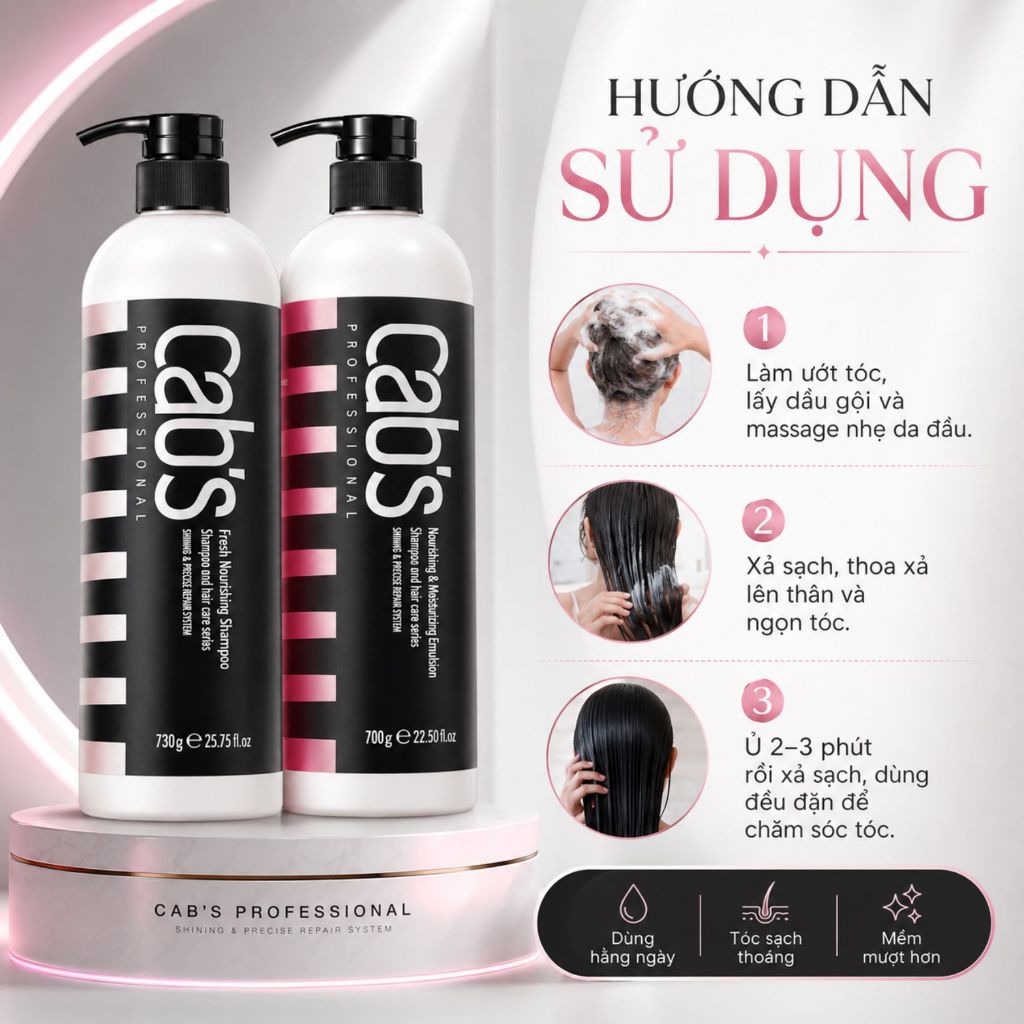 Cặp Dầu Gội Xả CAB'S 730ml | Sạch Thoáng Da Đầu, Dưỡng Ẩm Tóc Khô Xơ & Mềm Mượt