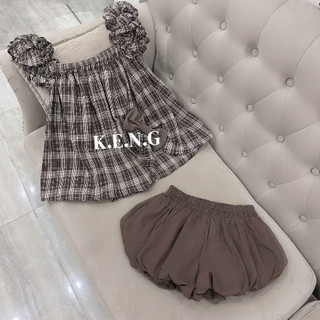 Áo kiểu nữ dáng babydoll phối thắt nơ cổ vuông hai dây bèo kèm chân váy bí