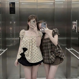 Áo kiểu nữ dáng babydoll phối thắt nơ cổ vuông hai dây bèo kèm chân váy bí