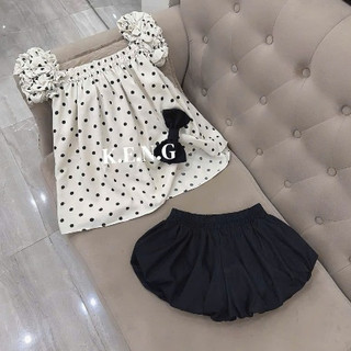 Áo kiểu nữ dáng babydoll phối thắt nơ cổ vuông hai dây bèo kèm chân váy bí