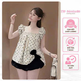 Áo kiểu nữ dáng babydoll phối thắt nơ cổ vuông hai dây bèo kèm chân váy bí