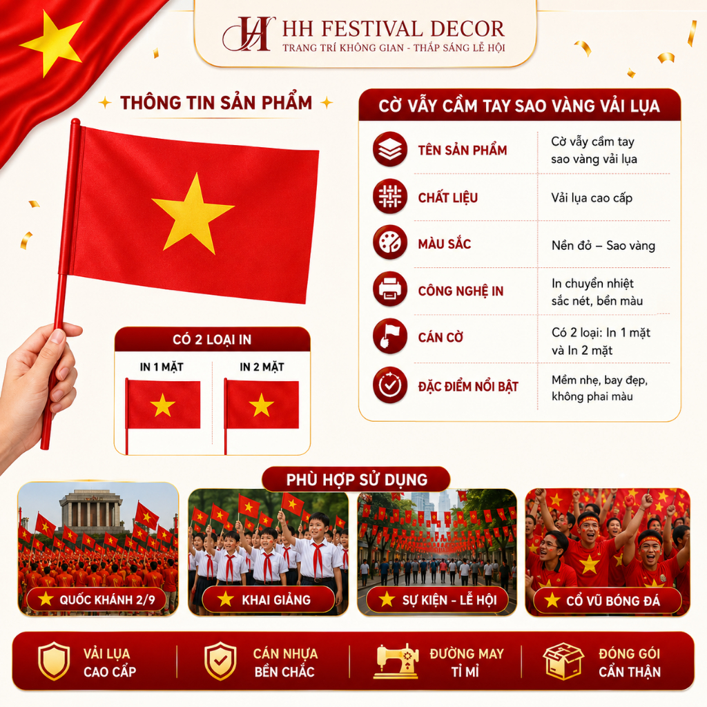 CỜ VẪY CẦM TAY SAO VÀNG VẢI LỤA TRANG TRÍ VĂN PHÒNG, LỄ QUỐC KHÁNH 2/9, CỔ VŨ BÓNG ĐÁ, KHAI GIẢNG.