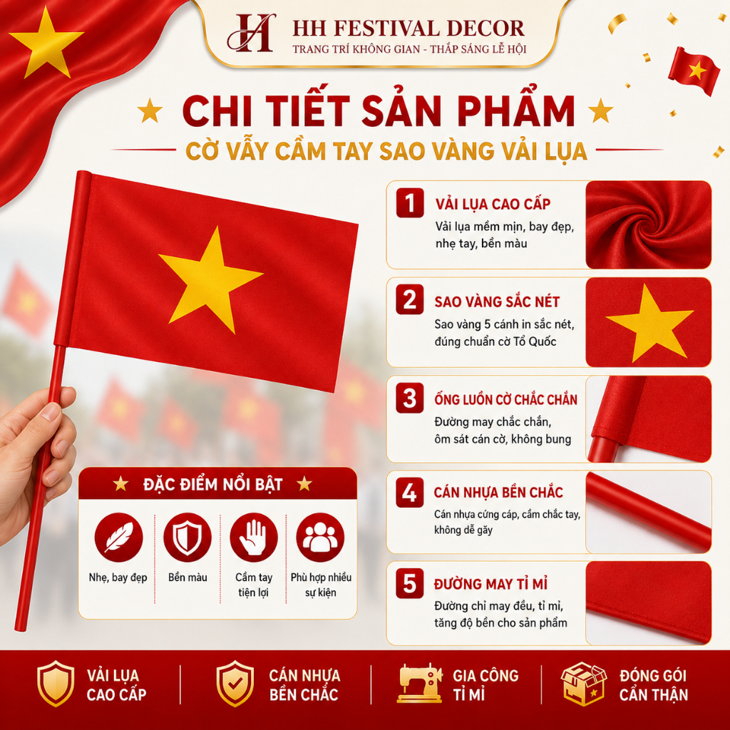 CỜ VẪY CẦM TAY SAO VÀNG VẢI LỤA TRANG TRÍ VĂN PHÒNG, LỄ QUỐC KHÁNH 2/9, CỔ VŨ BÓNG ĐÁ, KHAI GIẢNG.
