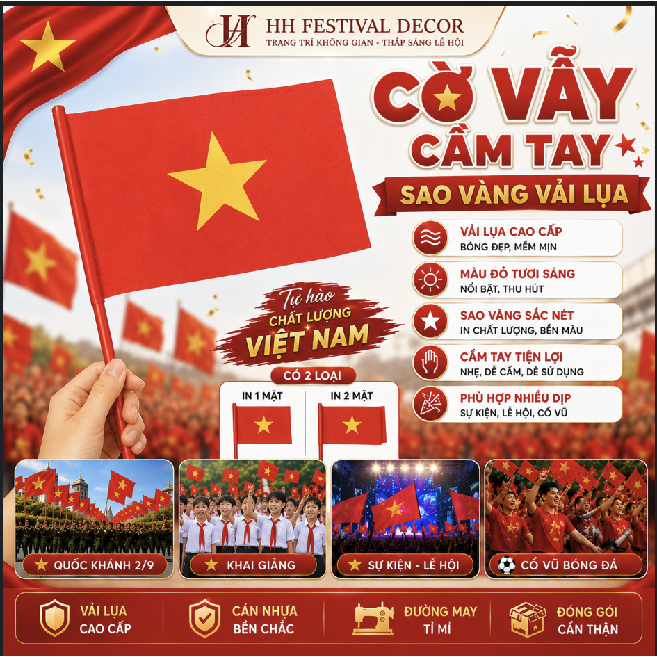 CỜ VẪY CẦM TAY SAO VÀNG VẢI LỤA TRANG TRÍ VĂN PHÒNG, LỄ QUỐC KHÁNH 2/9, CỔ VŨ BÓNG ĐÁ, KHAI GIẢNG.