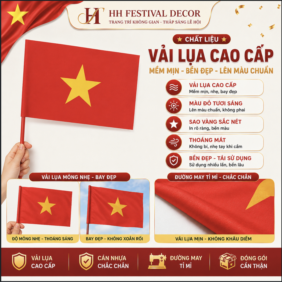 CỜ VẪY CẦM TAY SAO VÀNG VẢI LỤA TRANG TRÍ VĂN PHÒNG, LỄ QUỐC KHÁNH 2/9, CỔ VŨ BÓNG ĐÁ, KHAI GIẢNG.