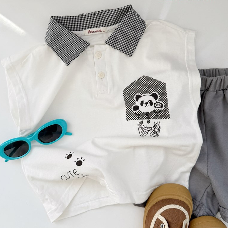 Set bộ polo cộc tay bé trai Miniumbaby in hình gấu trúc cute, chất vải cotton mềm thoáng mát SB2778
