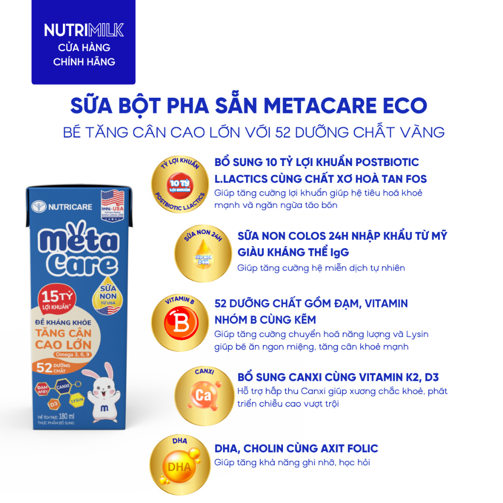Thùng 48 Hộp Sữa Bột Pha Sẵn METACARE ECO Nutricare Với Sữa Non 24h 15 Tỷ Lợi Khuẩn Tăng Cân Chiều Cao Từ 1 Tuổi