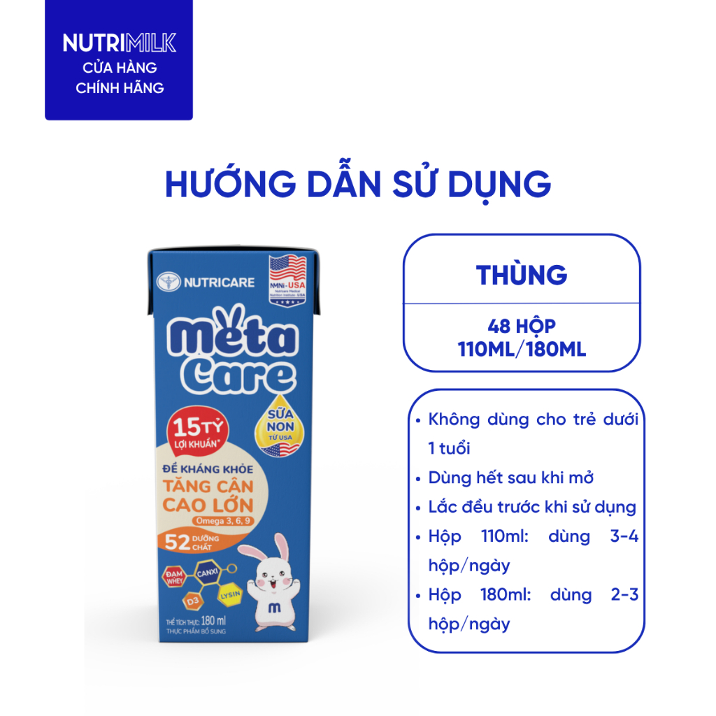 Thùng 48 Hộp Sữa Bột Pha Sẵn METACARE ECO Nutricare Với Sữa Non 24h 15 Tỷ Lợi Khuẩn Tăng Cân Chiều Cao Từ 1 Tuổi