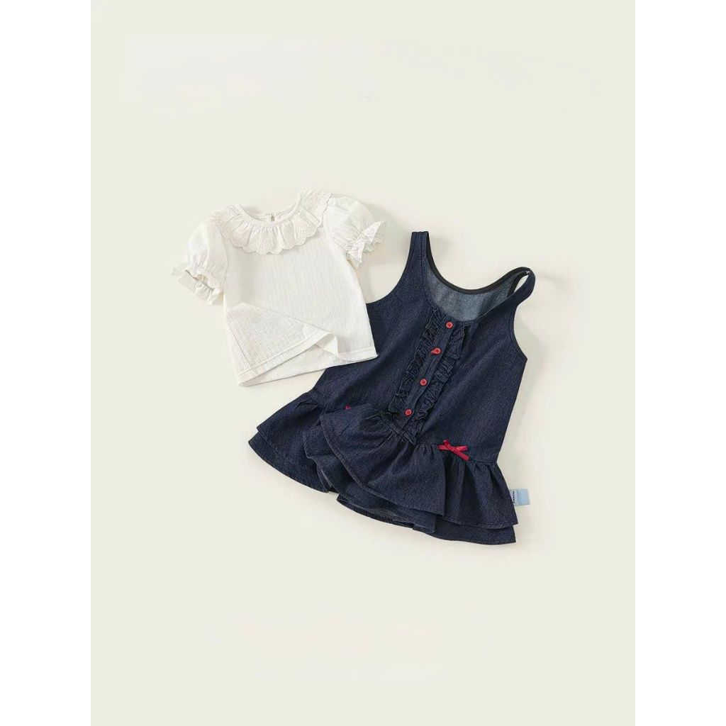 Set váy vé gái, bộ đầm bé gái 2 chi tiết áo cotton cổ bèo kèm váy sát nách đuôi cá chất denim mềm Size 12-32kg