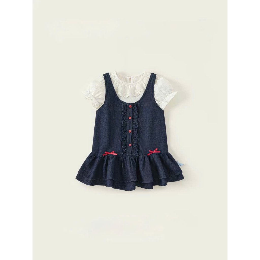 Set váy vé gái, bộ đầm bé gái 2 chi tiết áo cotton cổ bèo kèm váy sát nách đuôi cá chất denim mềm Size 12-32kg