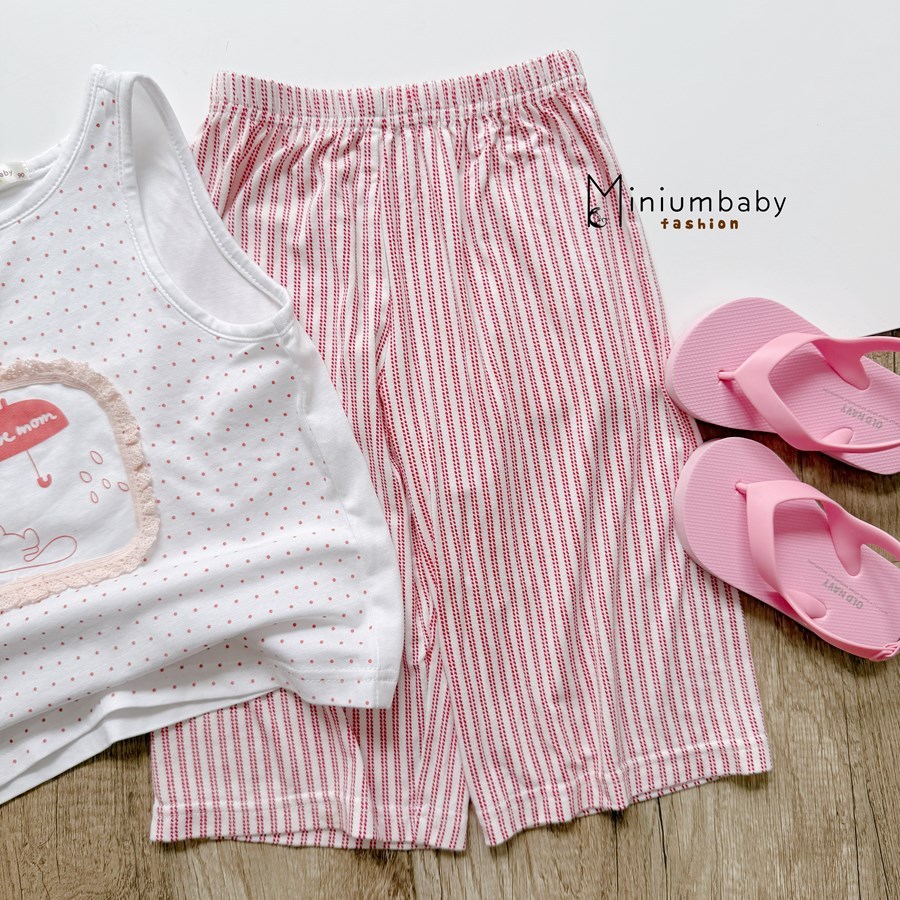 Set bộ sát nách bé gái Miniumbaby viền hình mèo mix quần suông lửng, chất áo cotton mềm mát SB2762