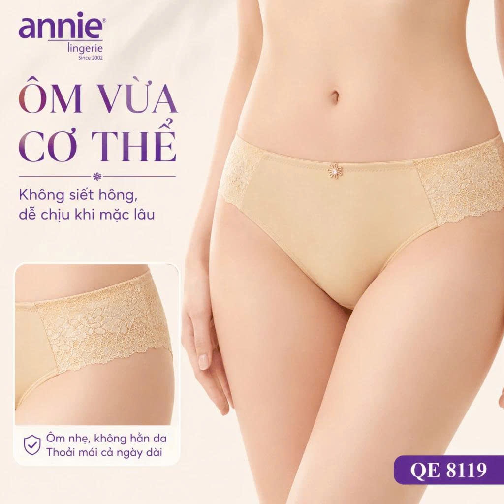 Quần lót nữ trơn viền ren annie QE8119 nữ tính, mềm mại, co giãn tốt ôm sát vòng 3, thoáng mát