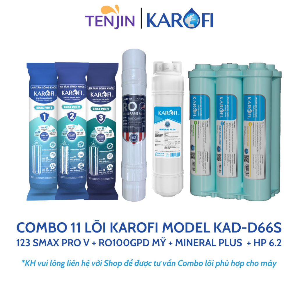 Combo 11 Lõi Lọc Karofi Model KAD-D66S,KAD-X56, X18, M68 L68 Smax Pro V Màng RO 100GPD Mỹ Lõi Mineral Plus Và Cụm HP 6.2