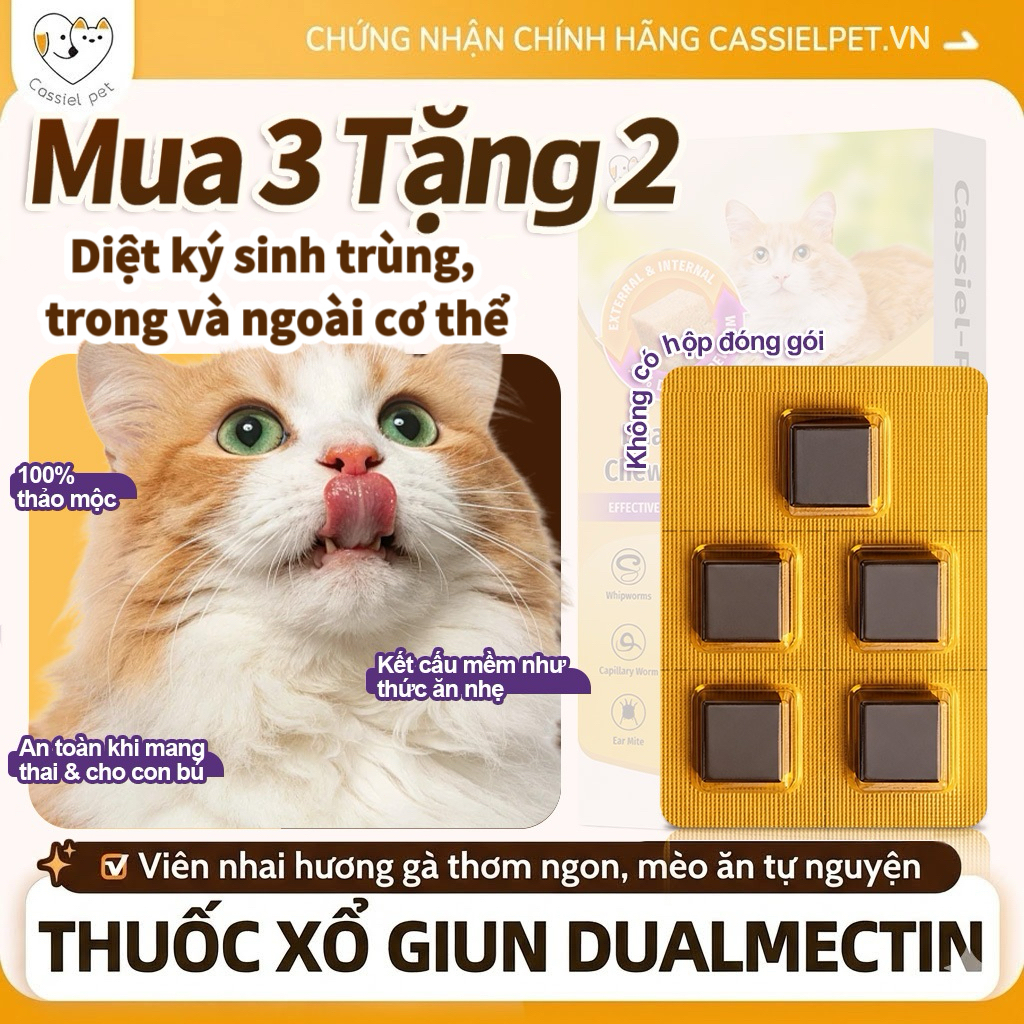 【Mua 3 Tặng 2】 Cassiel Pet Viên Nhai 2 Trong 1 - Diệt Ve Rận, Bọ Chét, Ghẻ & Tẩy Giun Sán Cho Chó Mèo