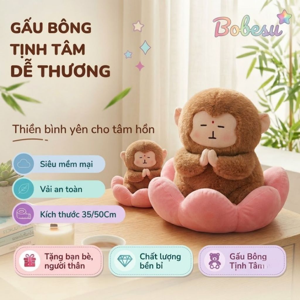 Gấu Bông Khỉ Tịnh Tâm Ngồi Đài Sen Vô Tri Hài Hước, Khỉ Nhồi Bông Tâm Linh Chắp Tay Giải Nghiệp Quà Tặng Decor Độc Lạ