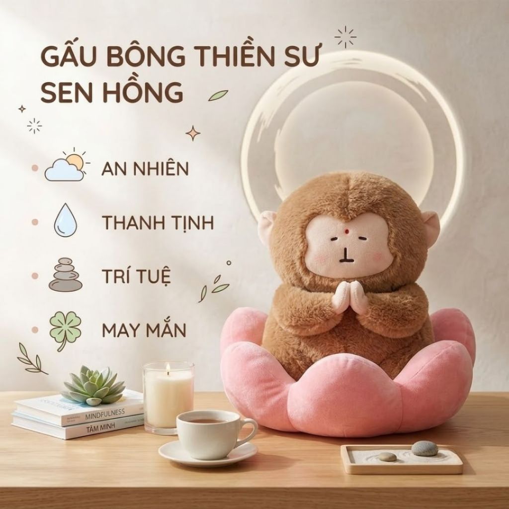 Gấu Bông Khỉ Tịnh Tâm Ngồi Đài Sen, Khỉ Bông Phong Cách Chữa Lành Giảm Stress Mang Lại Cảm Giác Bình An Quà Tặng Ý Nghia