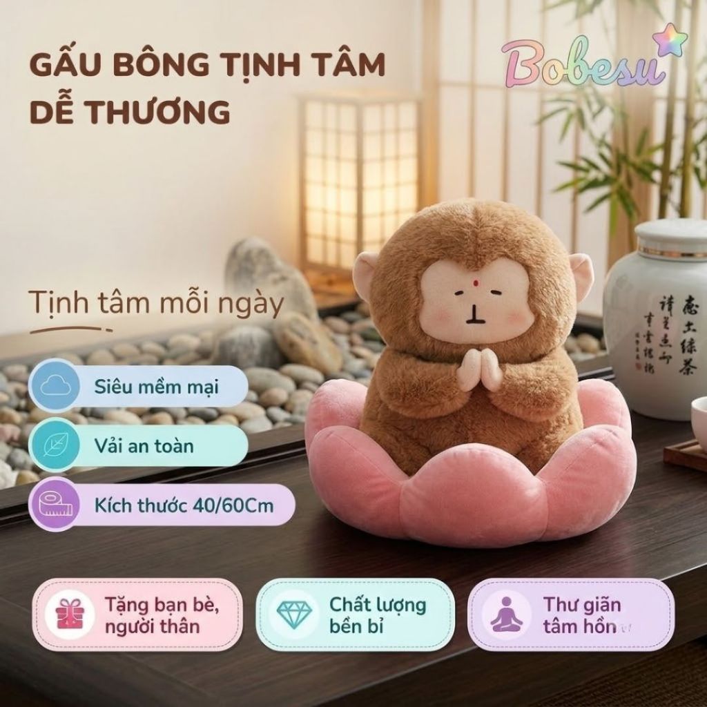 Gấu Bông Khỉ Tịnh Tâm Ngồi Đài Sen Thanh Tịnh, Thú Nhồi Bông Chữa Lạnh Tịnh Tâm Quà Tặng Bình An Thanh Tịnh, Giảm Stress
