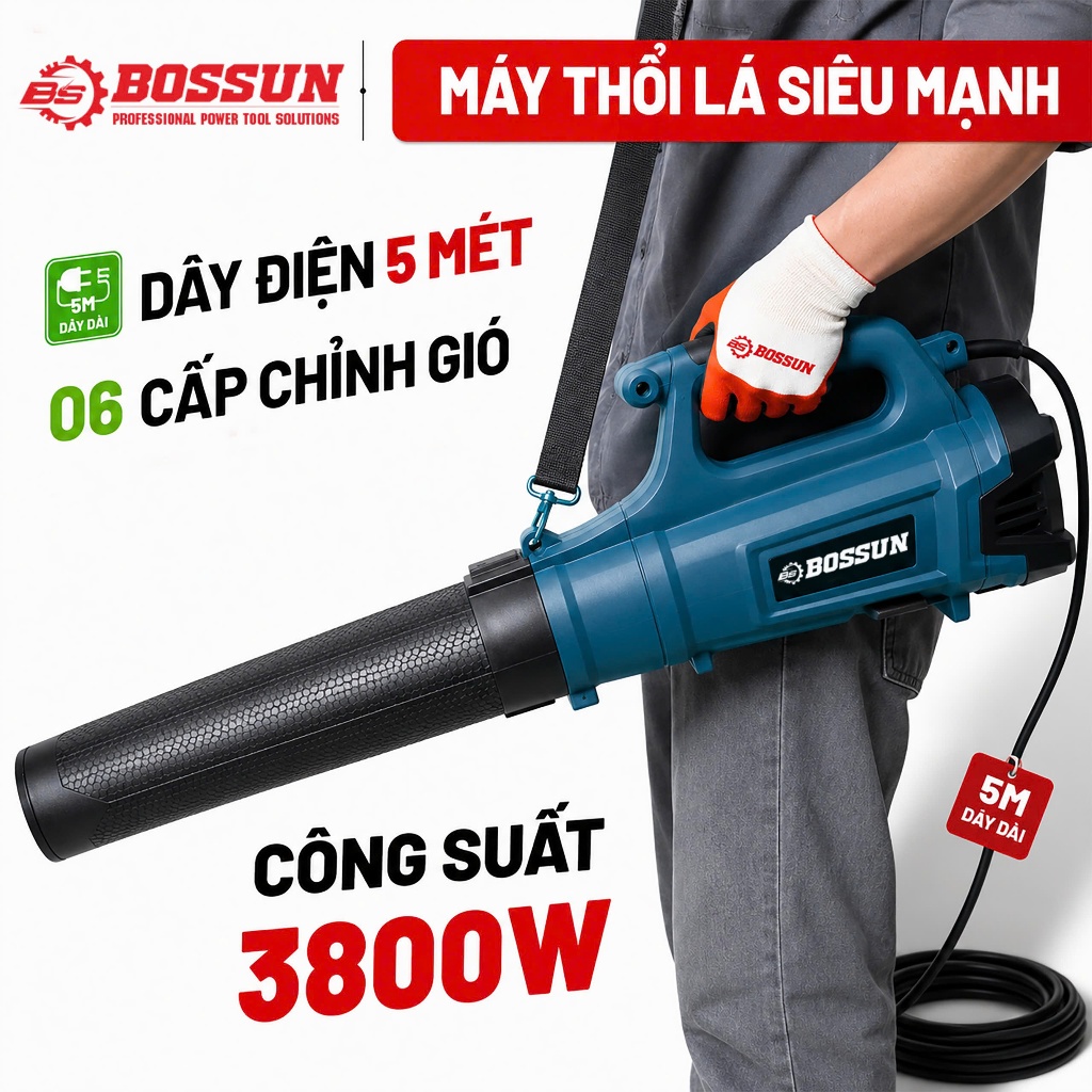 Máy thổi lá điện công suất lớn BS BOSSUN BS-TL3800W 3800W, Chỉnh tốc 6 cấp, Tốc độ cao 18.500v/p