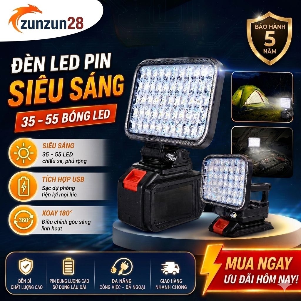 Đèn LED Siêu Sáng Sử Dụng Pin Makita 35 - 55 LED Với 2 Chế Độ Sáng, Có Cổng Sạc Điện Thoại USB 2026