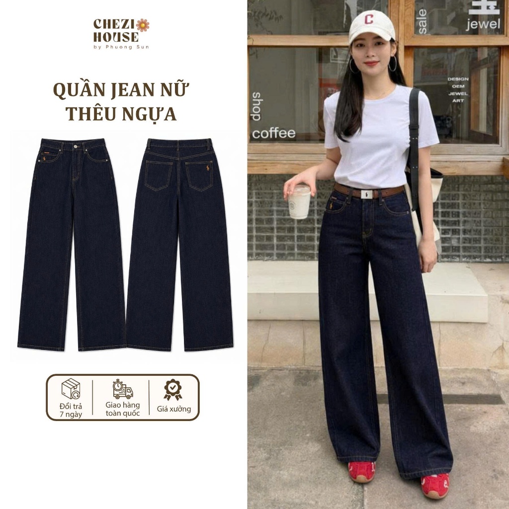 Quần Jean Nữ Ống Suông Thêu Ngựa Vải Jean Mềm QC  Dài 95/102cm #8682-8685 CHEZI HOUSE
