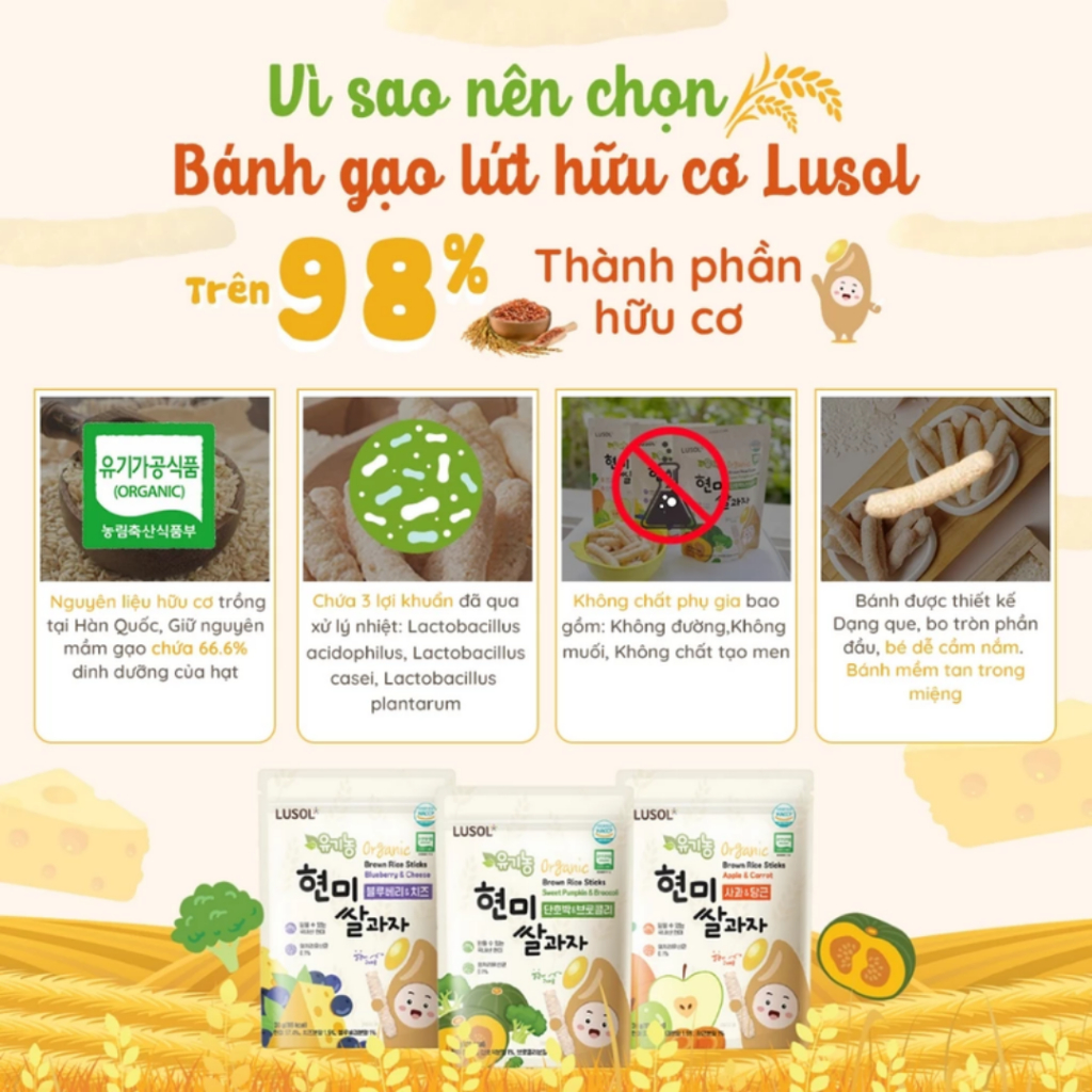 CHÍNH HÃNG NHẬP KHẨU - Bánh Gạo Lứt Hữu Cơ Ăn Dặm Lusol 30g - Bánh Gạo Ăn Dặm Hàn Quốc Bổ Sung Lợi Khuẩn Cho Bé