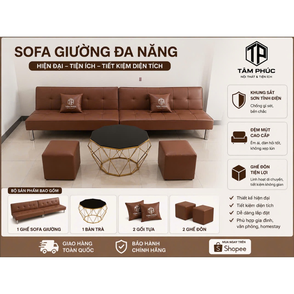 bộ sofa 3 trong 1 sang trọng đẹp mê ly + 1 bàn kim cương + 2 đôn + 2 gối ôm tiện lợi dễ dàng sử dụng