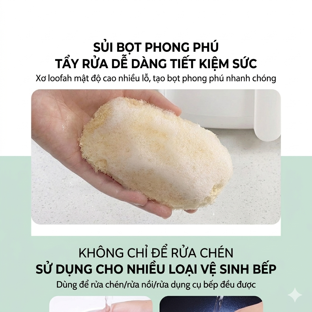 Miếng Rửa Bát Xơ Mướp Tự Nhiên – Làm Sạch Hiệu Quả, Không Trầy Xước, Có Móc Treo