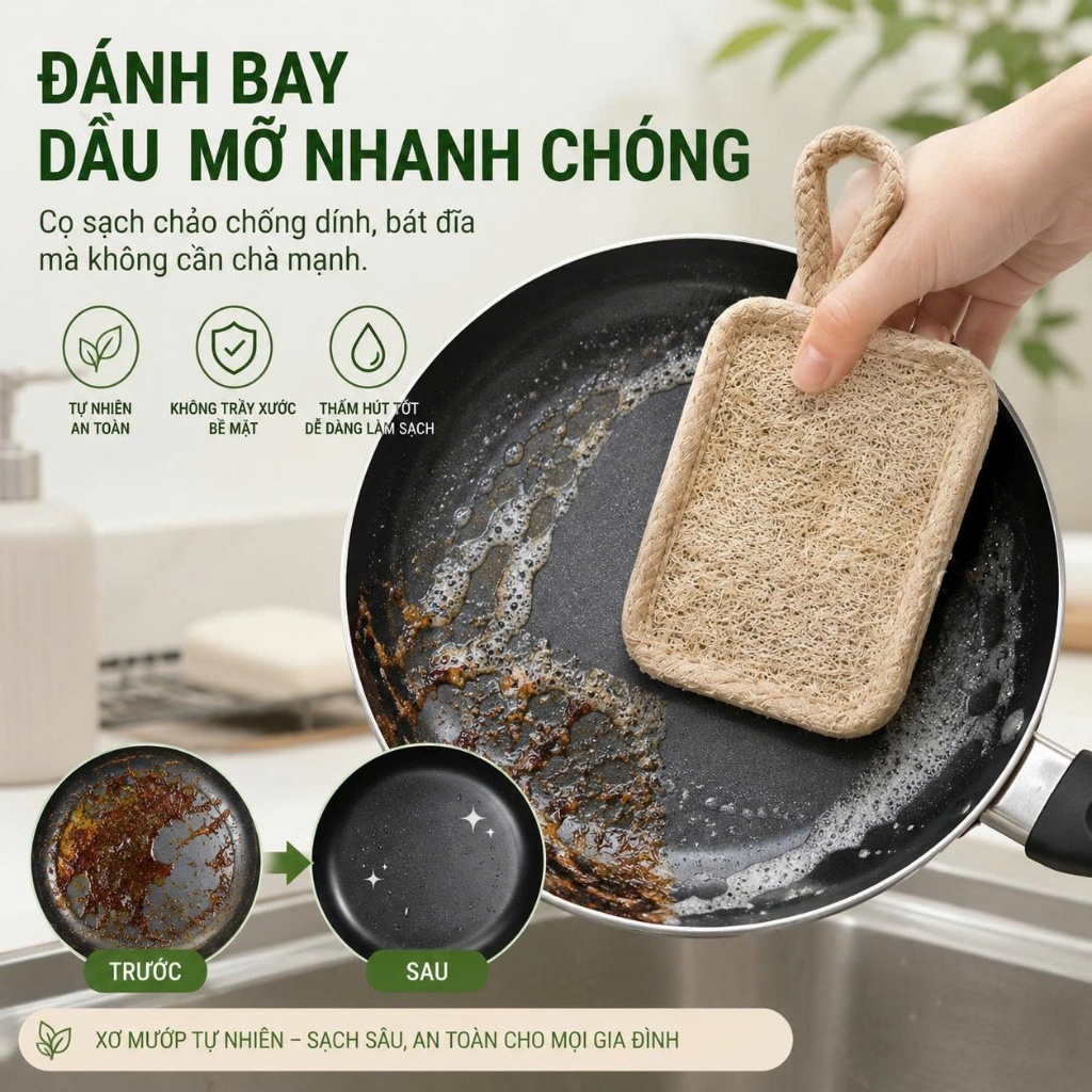 Miếng Rửa Bát Xơ Mướp Tự Nhiên – Làm Sạch Hiệu Quả, Không Trầy Xước, Có Móc Treo