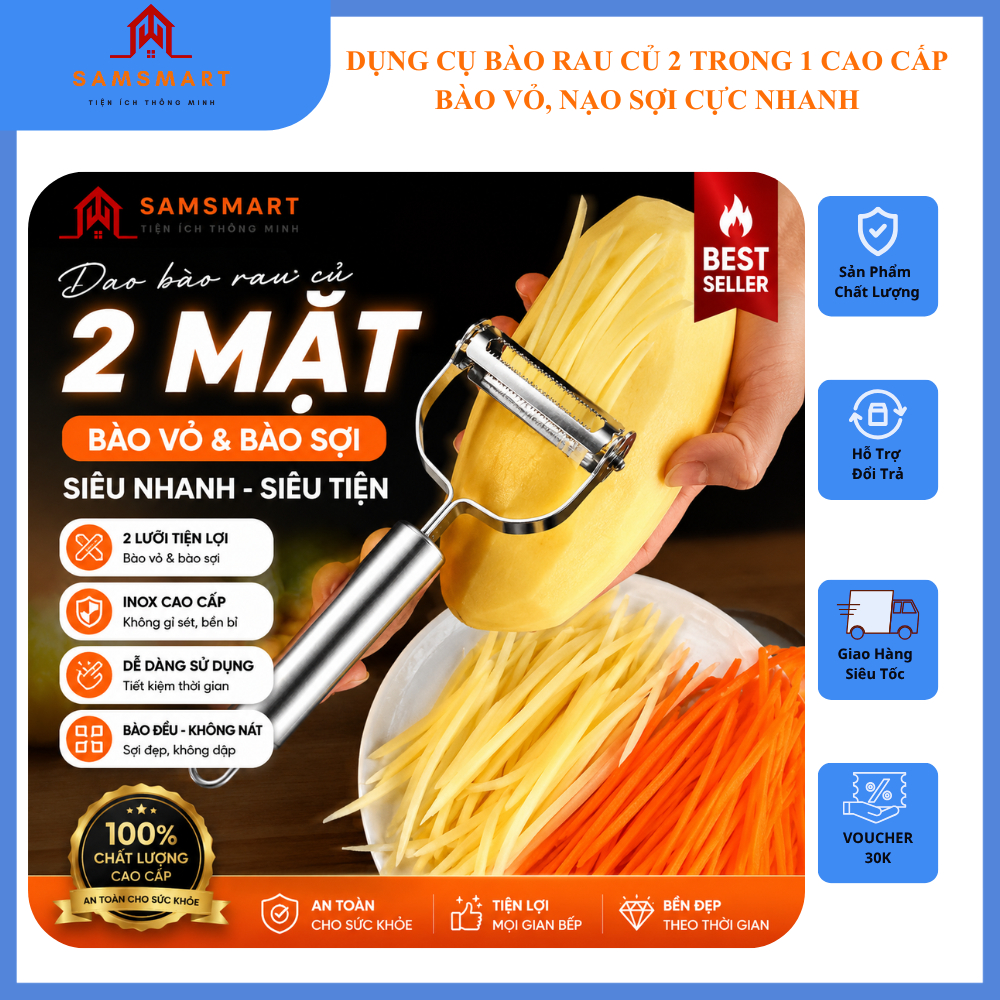 Dao Bào Rau Củ 2 Trong 1 Cao Cấp – Bào Vỏ Bào Sợi Siêu Nhanh Inox Không Gỉ SAMSMART