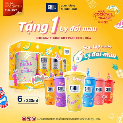 Thùng 6 Lon CHILL DỨA 320ml Tặng Ly Đổi Màu Ngẫu Nhiên, Nước Cocktail Trái Cây Gu Nhẹ 3% Ít Cồn - CHILL COCKTAIL LIGHT