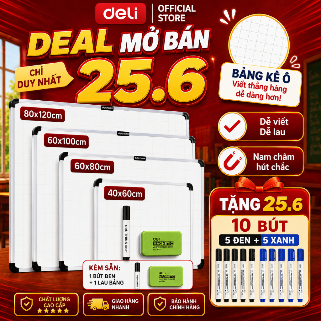 [🔥MỞ BÁN TẶNG QUÀ] Bảng Từ Trắng Có Kẻ Ô Treo Viết Bút Lông Deli Bảng Mica Nam Châm Kèm Khay Đựng Học Sinh